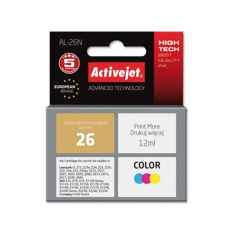 Activejet AL-26N 12 ml XL värviline pigmenttint Lexmark 26 10N0026 ühilduv tindikassett (tsüaan/magenta/kollane) tindiprinteritele