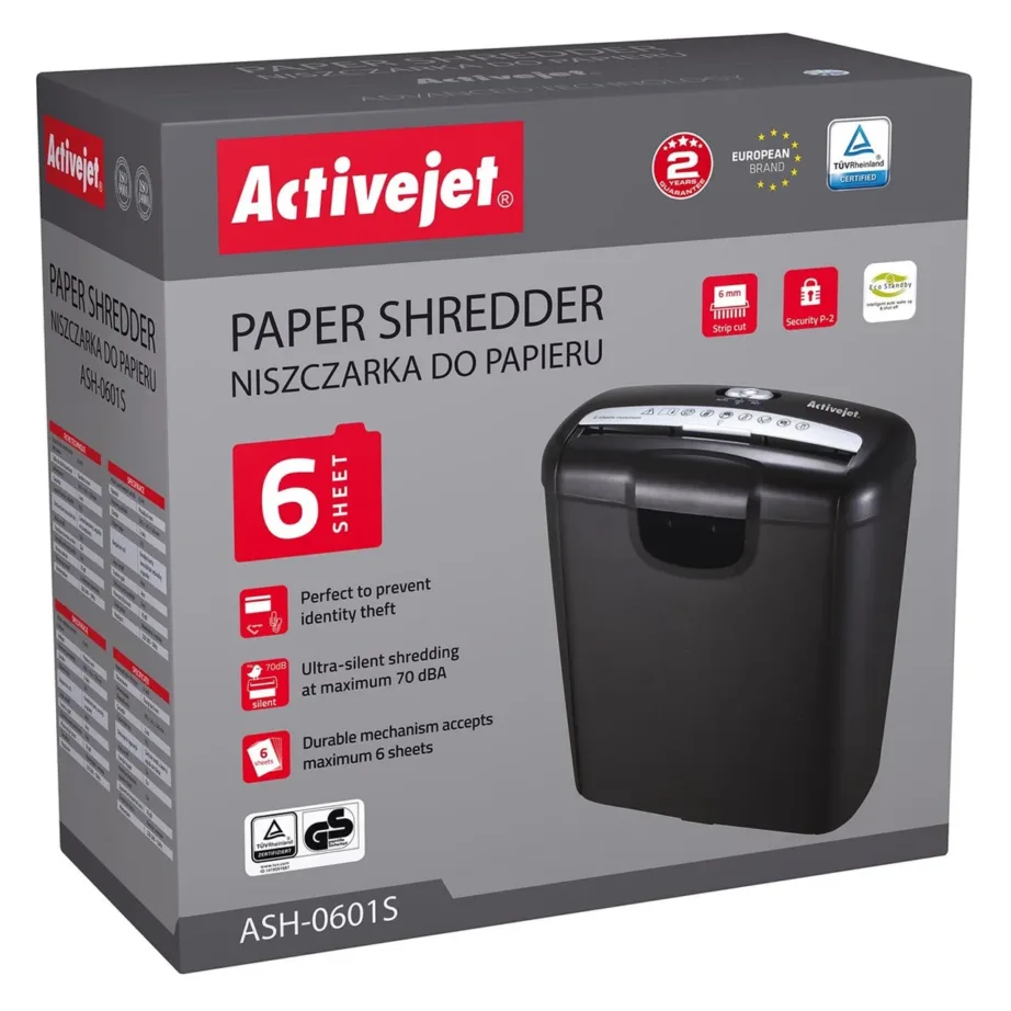 Activejet ASH-0601S 10L P-1 ribalõikusega paberi- ja kaardipurustaja, must, 6 lehte – 12