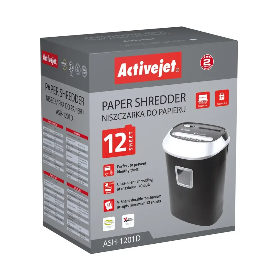 Activejet ASH-1201D 25L hõbe-must paberihunt 12 lehele, P-3, 5×38 mm lõige, A4/CD/krediitkaartidele – 12