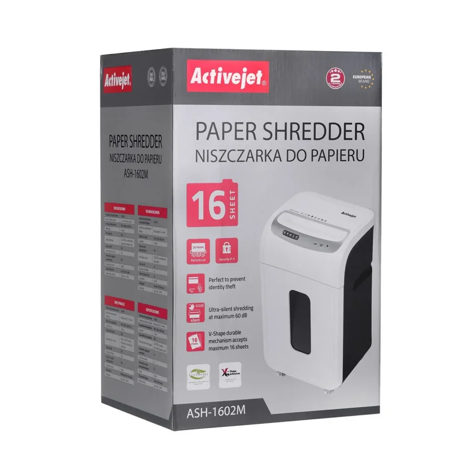 Activejet ASH-1602M P-5 2×14 mm mikrohakk 28L paberipurustaja, 16 lehte, CD/krediitkaartide hävitus, 60 dB, valge/must/hõbe – 5