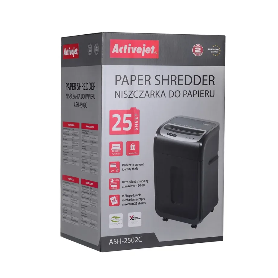 Activejet ASH-2502C P-4 28 l must/hõbe ristlõikeline paberihunt, 25 lehte, CD/krediitkaartide hävitus, 4×40 mm lõige – 4