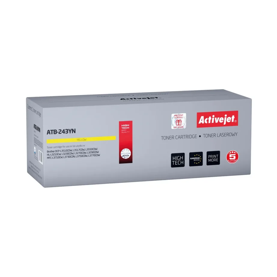 Activejet ATB-243YN kollane lasertoonerkassett Brother TN-243Y asenduseks, 1000 lehekülge, sobib DCP L3510CDW/L3550CDW, HL L3210CW/L3270CDW, MFC L3730CDN/L3770CDW mudelitele
