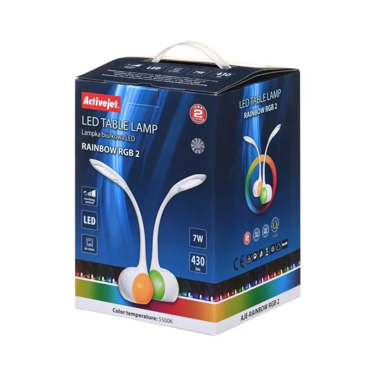 Activejet RAINBOW 2 115x135x540 mm valge LED laualamp RGB valgusega, 7W, puutetundlik, 3 heleduse astet, painduv vars, 430 lm
