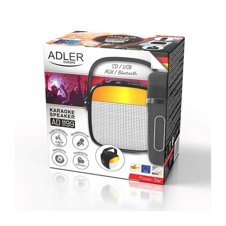 Adler AD 1199b 1500mAh juhtmevaba LED-iga karaoke kõlar mikrofoniga, Bluetooth/USB/SD/AUX, hall