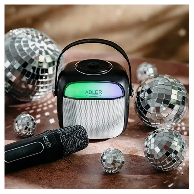 Adler AD 1199b 1500mAh juhtmevaba LED-iga karaoke kõlar mikrofoniga, Bluetooth/USB/SD/AUX, hall