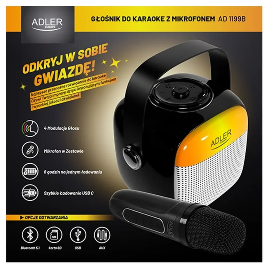 Adler AD 1199b 1500mAh juhtmevaba LED-iga karaoke kõlar mikrofoniga, Bluetooth/USB/SD/AUX, hall – 7