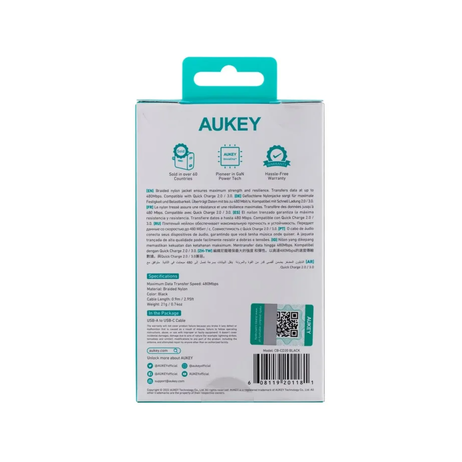 AUKEY CB-CD30 0,9 m must nailonpunutisest USB-A–USB-C kaabel kiirlaadimise ja USB PD 3.0 toega – 5