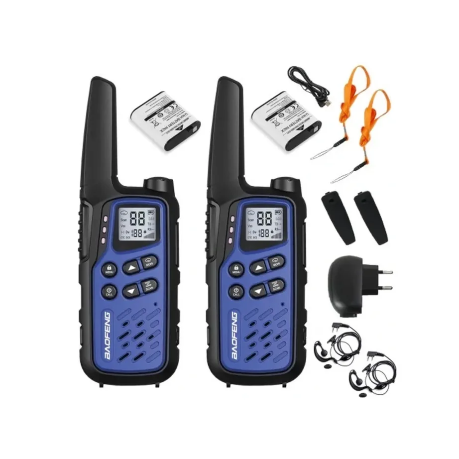 Baofeng BF-T25E 2-osaline 16-kanaline 10 km sinine laste raadiosaatjate komplekt, 1400 mAh Li-Ion aku, VOX, LED, Kenwood 2-pin – 3