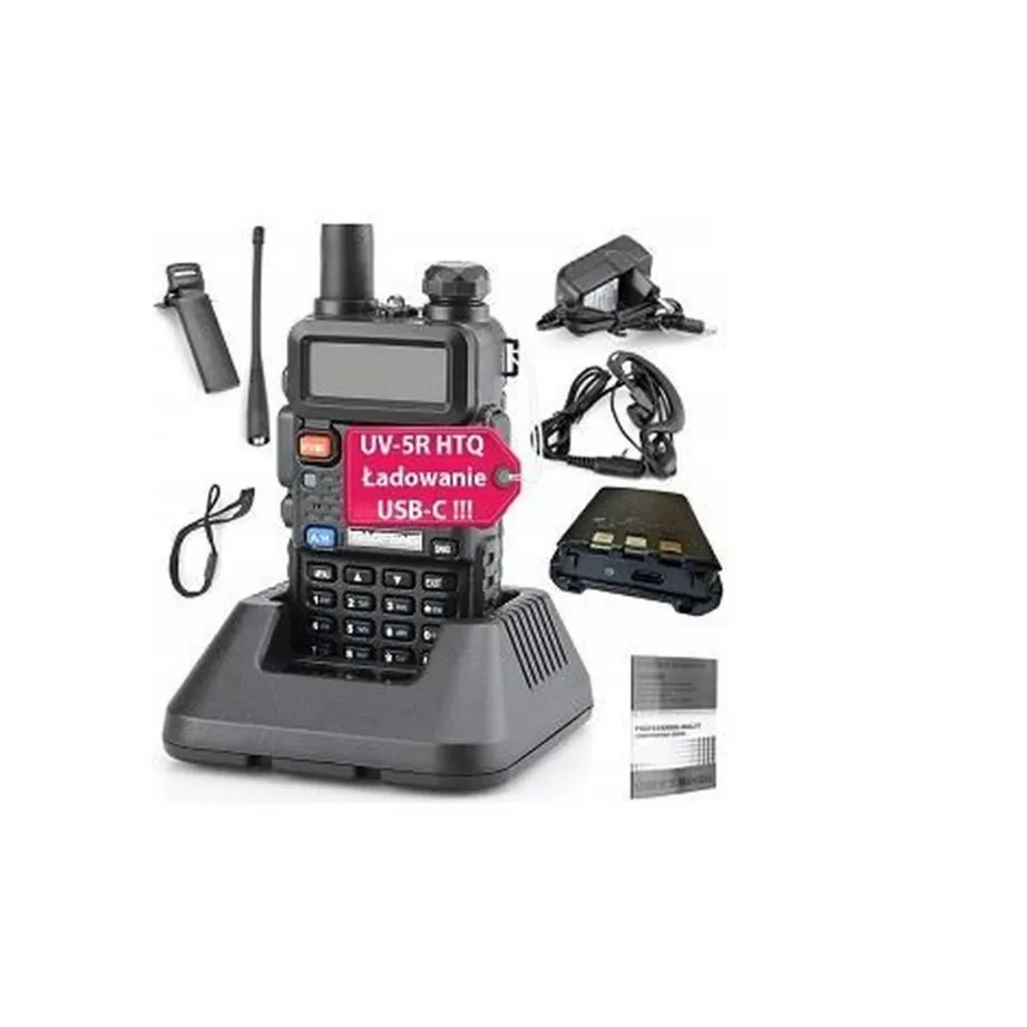 Baofeng UV-5R HTQ USB-C 5W must kahe sagedusalaga raadiosaatja, 1800 mAh akuga, FM-raadio ja taskulambiga