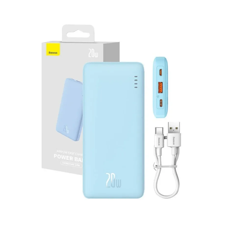 Baseus Airpow P10022801313-00 10000mAh 20W sinine liitium-polümeer toitepank, kahe seadme samaaegseks laadimiseks, USB-C/USB-A/Micro-USB, LED-indikaatorid, kaasas kaabel – 7