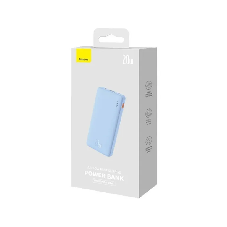 Baseus Airpow P10022801313-00 10000mAh 20W sinine liitium-polümeer toitepank, kahe seadme samaaegseks laadimiseks, USB-C/USB-A/Micro-USB, LED-indikaatorid, kaasas kaabel