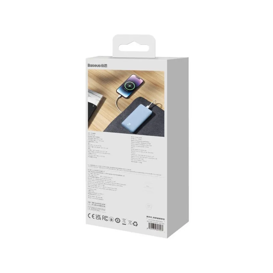 Baseus Airpow P10022801313-00 10000mAh 20W sinine liitium-polümeer toitepank, kahe seadme samaaegseks laadimiseks, USB-C/USB-A/Micro-USB, LED-indikaatorid, kaasas kaabel – 9