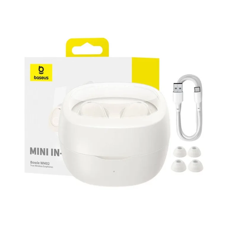 Baseus Bowie WM02 valged TWS in-ear juhtmevabad kõrvaklapid laadimiskarbiga, Bluetooth 5.3, kuni 25 h aku, USB-C