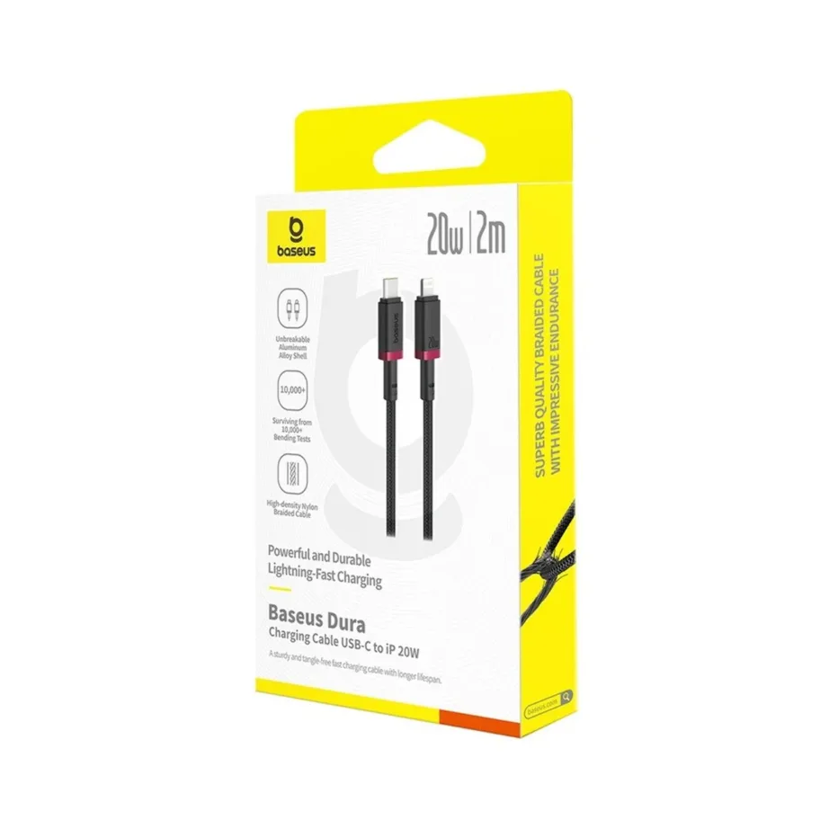 Baseus Dura must-punane USB-C–Lightning 20W kiirlaadimiskaabel Apple seadmetele, 2 m – 2