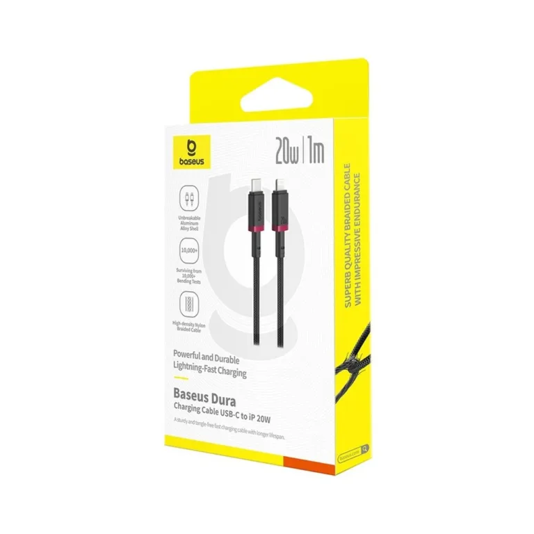 Baseus Dura P10377800U01-01 1 m must/punane Type-C–Lightning 20 W kiirlaadimiskaabel nailonkattega Apple seadmetele