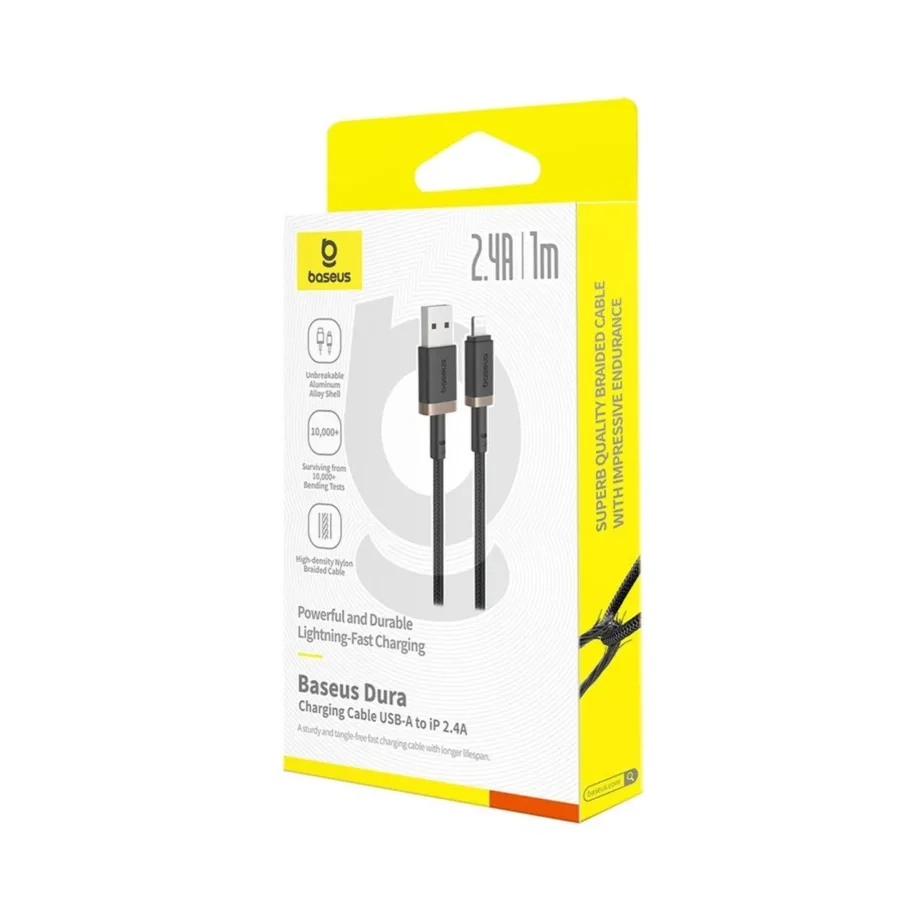 Baseus Dura P10377801U01-00 1 m 2,4 A must/kuldne nailonist USB-A–Lightning kiirlaadimiskaabel Apple’i seadmetele – 10