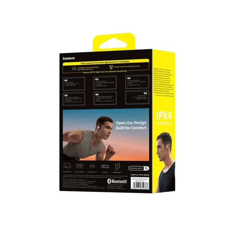 Baseus Eli Fit A00073200213-00 valged IPX4 avatud tüüpi Bluetooth 5.3 open-ear juhtmevabad peakomplektid USB-C laadimisega, puutetundliku juhtimisega, 7,5-tunnise kuulamisajaga, kahe kõrva jaoks kõnede ja muusika esitamiseks
