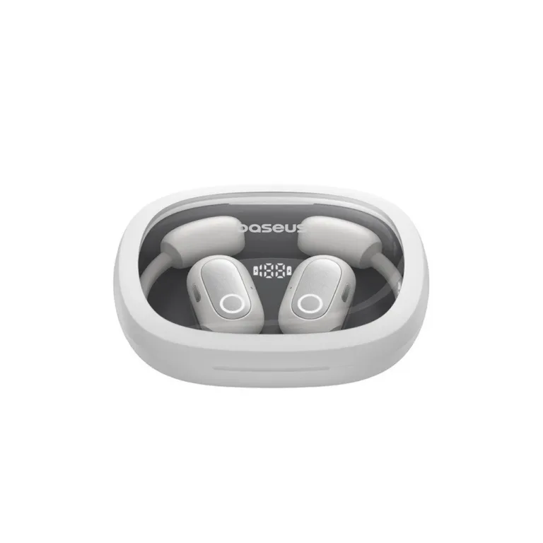 Baseus Eli Fit A00073200213-00 valged IPX4 avatud tüüpi Bluetooth 5.3 open-ear juhtmevabad peakomplektid USB-C laadimisega, puutetundliku juhtimisega, 7,5-tunnise kuulamisajaga, kahe kõrva jaoks kõnede ja muusika esitamiseks