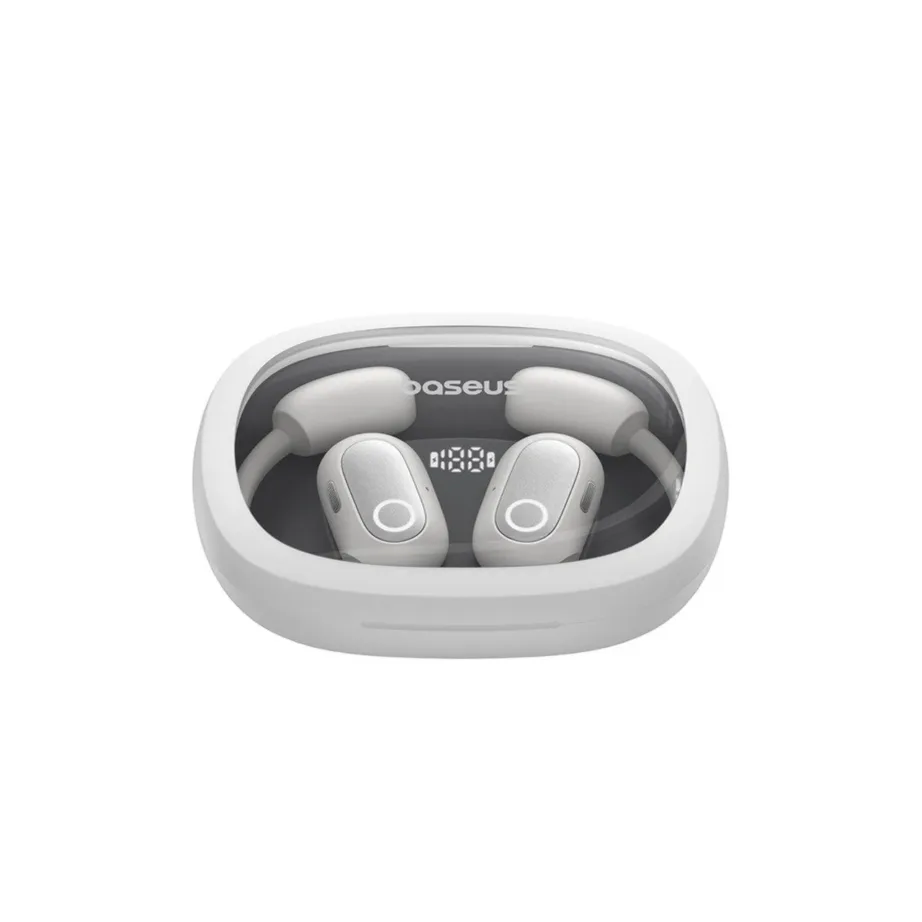 Baseus Eli Fit A00073200213-00 valged IPX4 avatud tüüpi Bluetooth 5.3 open-ear juhtmevabad peakomplektid USB-C laadimisega, puutetundliku juhtimisega, 7,5-tunnise kuulamisajaga, kahe kõrva jaoks kõnede ja muusika esitamiseks – 5
