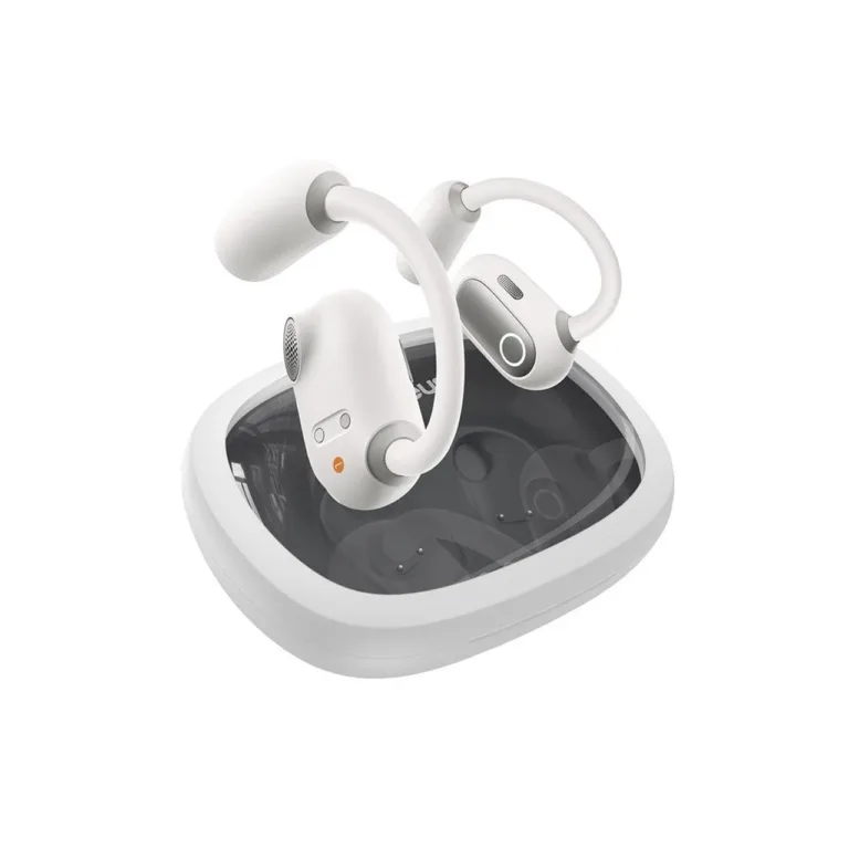 Baseus Eli Fit A00073200213-00 valged IPX4 avatud tüüpi Bluetooth 5.3 open-ear juhtmevabad peakomplektid USB-C laadimisega, puutetundliku juhtimisega, 7,5-tunnise kuulamisajaga, kahe kõrva jaoks kõnede ja muusika esitamiseks