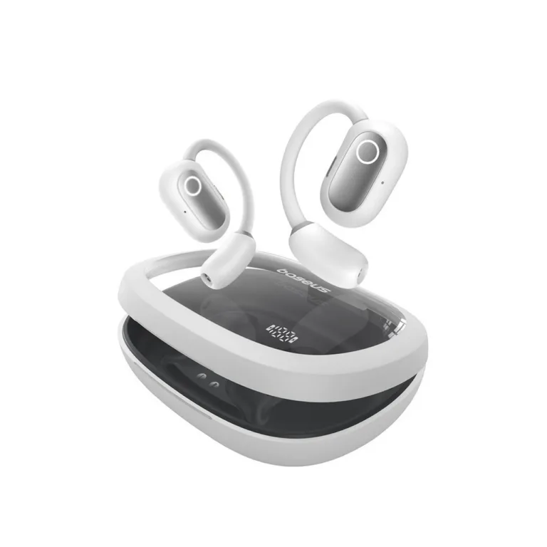 Baseus Eli Fit A00073200213-00 valged IPX4 avatud tüüpi Bluetooth 5.3 open-ear juhtmevabad peakomplektid USB-C laadimisega, puutetundliku juhtimisega, 7,5-tunnise kuulamisajaga, kahe kõrva jaoks kõnede ja muusika esitamiseks