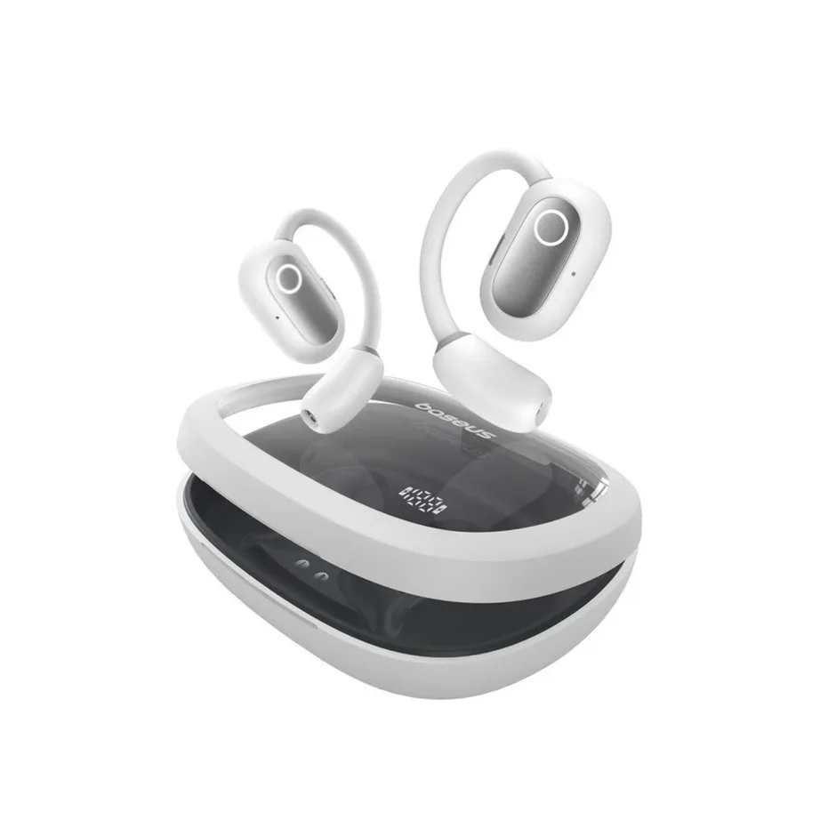 Baseus Eli Fit A00073200213-00 valged IPX4 avatud tüüpi Bluetooth 5.3 open-ear juhtmevabad peakomplektid USB-C laadimisega, puutetundliku juhtimisega, 7,5-tunnise kuulamisajaga, kahe kõrva jaoks kõnede ja muusika esitamiseks – 7