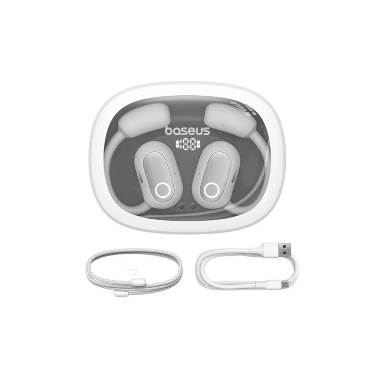 Baseus Eli Fit A00073200213-00 valged IPX4 avatud tüüpi Bluetooth 5.3 open-ear juhtmevabad peakomplektid USB-C laadimisega, puutetundliku juhtimisega, 7,5-tunnise kuulamisajaga, kahe kõrva jaoks kõnede ja muusika esitamiseks