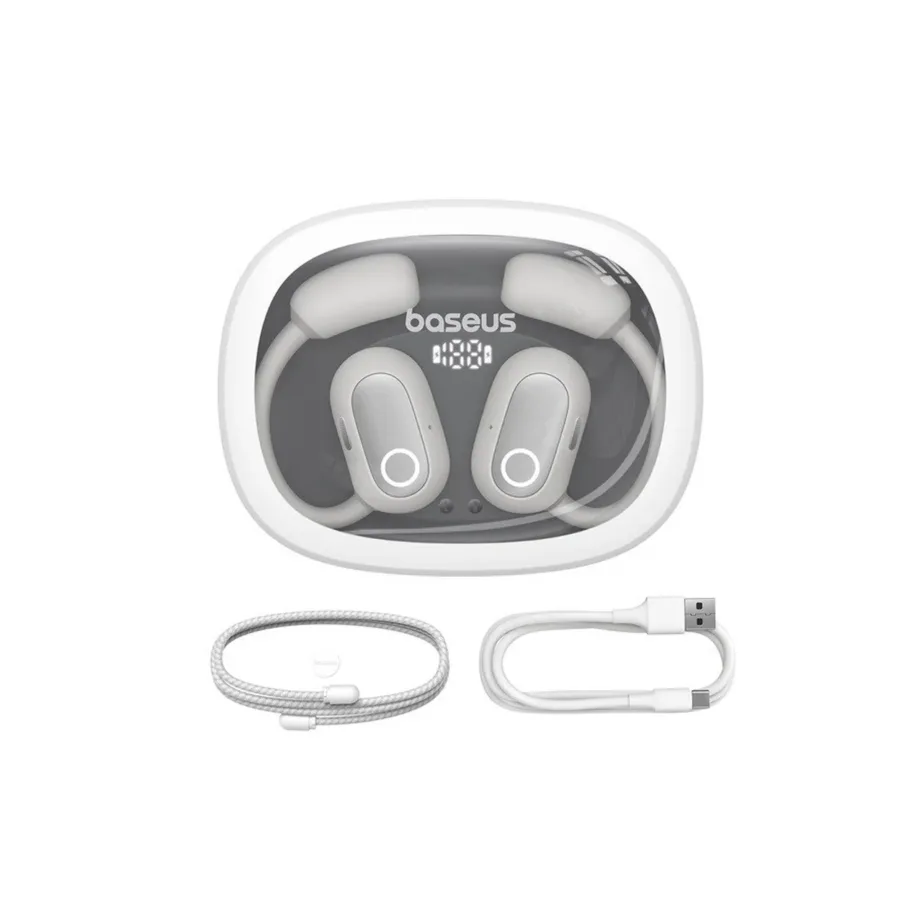 Baseus Eli Fit A00073200213-00 valged IPX4 avatud tüüpi Bluetooth 5.3 open-ear juhtmevabad peakomplektid USB-C laadimisega, puutetundliku juhtimisega, 7,5-tunnise kuulamisajaga, kahe kõrva jaoks kõnede ja muusika esitamiseks – 9