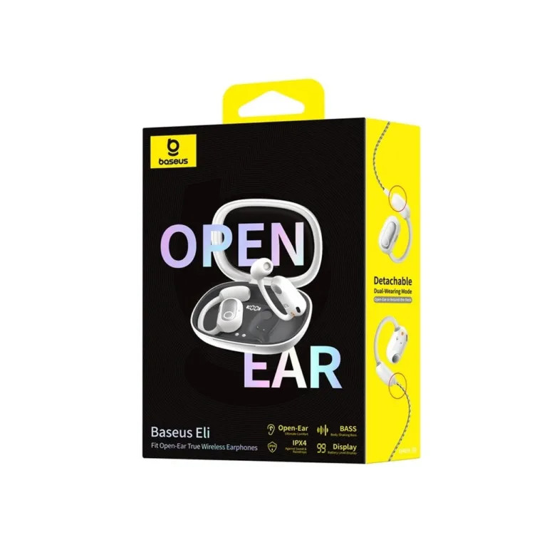 Baseus Eli Fit A00073200213-00 valged IPX4 avatud tüüpi Bluetooth 5.3 open-ear juhtmevabad peakomplektid USB-C laadimisega, puutetundliku juhtimisega, 7,5-tunnise kuulamisajaga, kahe kõrva jaoks kõnede ja muusika esitamiseks