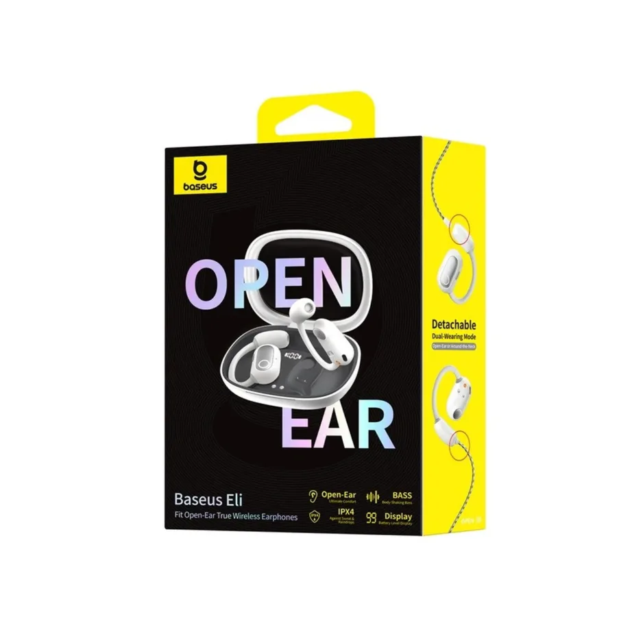 Baseus Eli Fit A00073200213-00 valged IPX4 avatud tüüpi Bluetooth 5.3 open-ear juhtmevabad peakomplektid USB-C laadimisega, puutetundliku juhtimisega, 7,5-tunnise kuulamisajaga, kahe kõrva jaoks kõnede ja muusika esitamiseks – 10