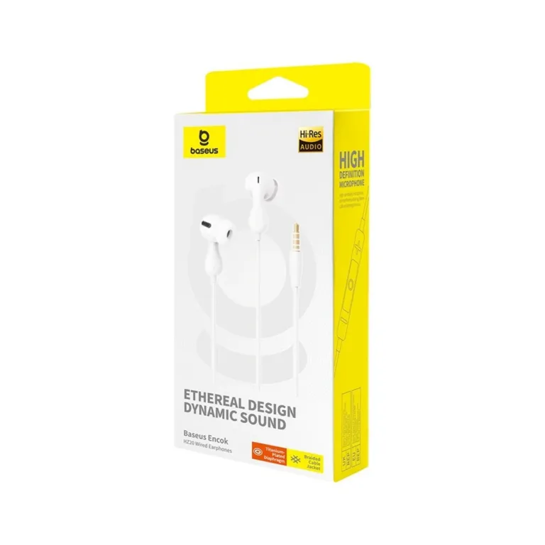 Baseus Encok HZ20 1,1 m ABS valged juhtmega in-ear kõrvaklapid mikrofoniga, 3,5 mm ühendus kõnede ja muusika jaoks