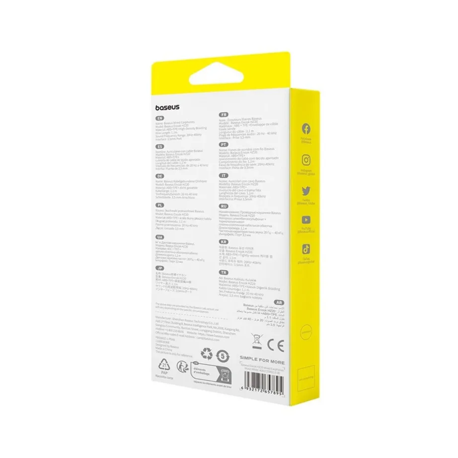 Baseus Encok HZ20 1,1 m ABS valged juhtmega in-ear kõrvaklapid mikrofoniga, 3,5 mm ühendus kõnede ja muusika jaoks – 7