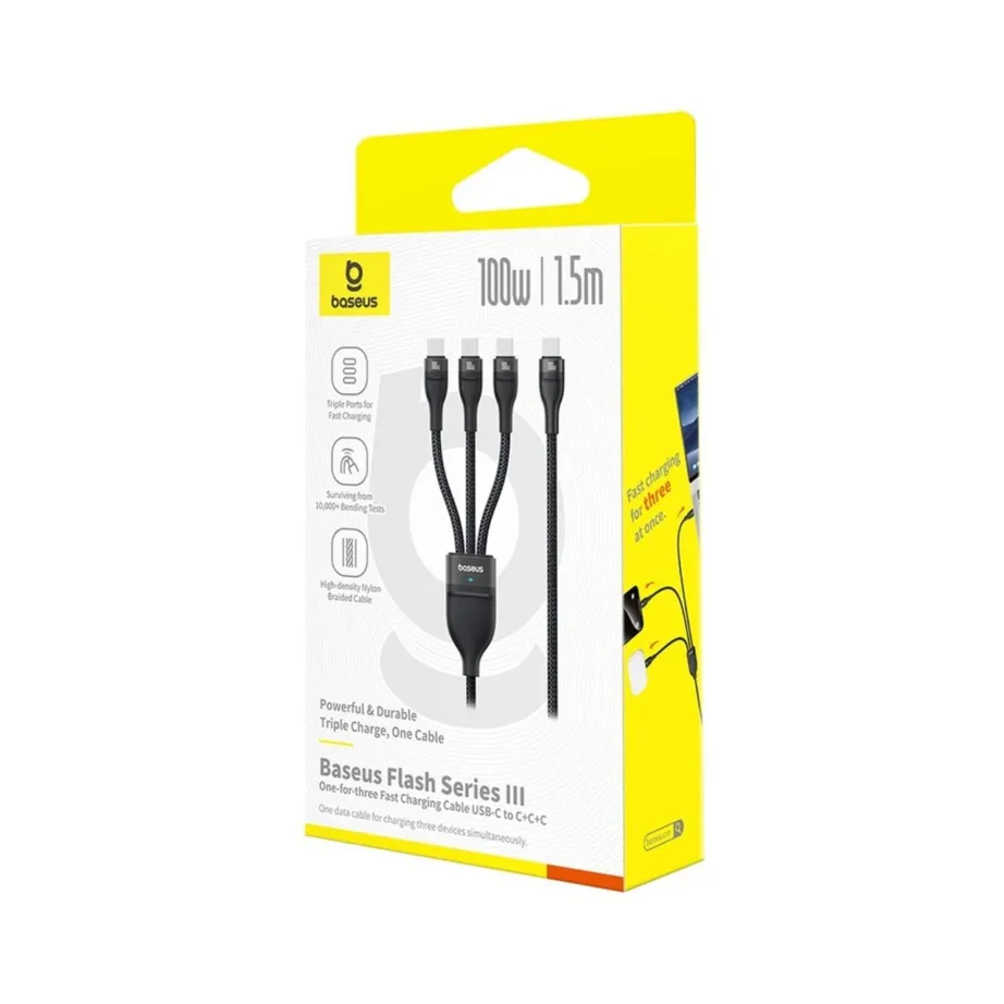Baseus Flash Series P10377503111-00 1,5 m 3xUSB-C 100W nailonist kiirlaadimiskaabel must – 6
