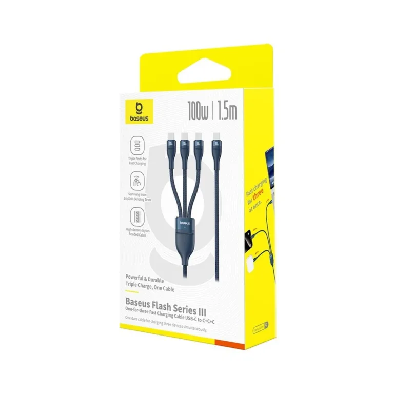 Baseus Flash Series P10377503321-00 1,5 m 3x USB-C 100W kiirlaadimiskaabel, sinine, punutud nailon