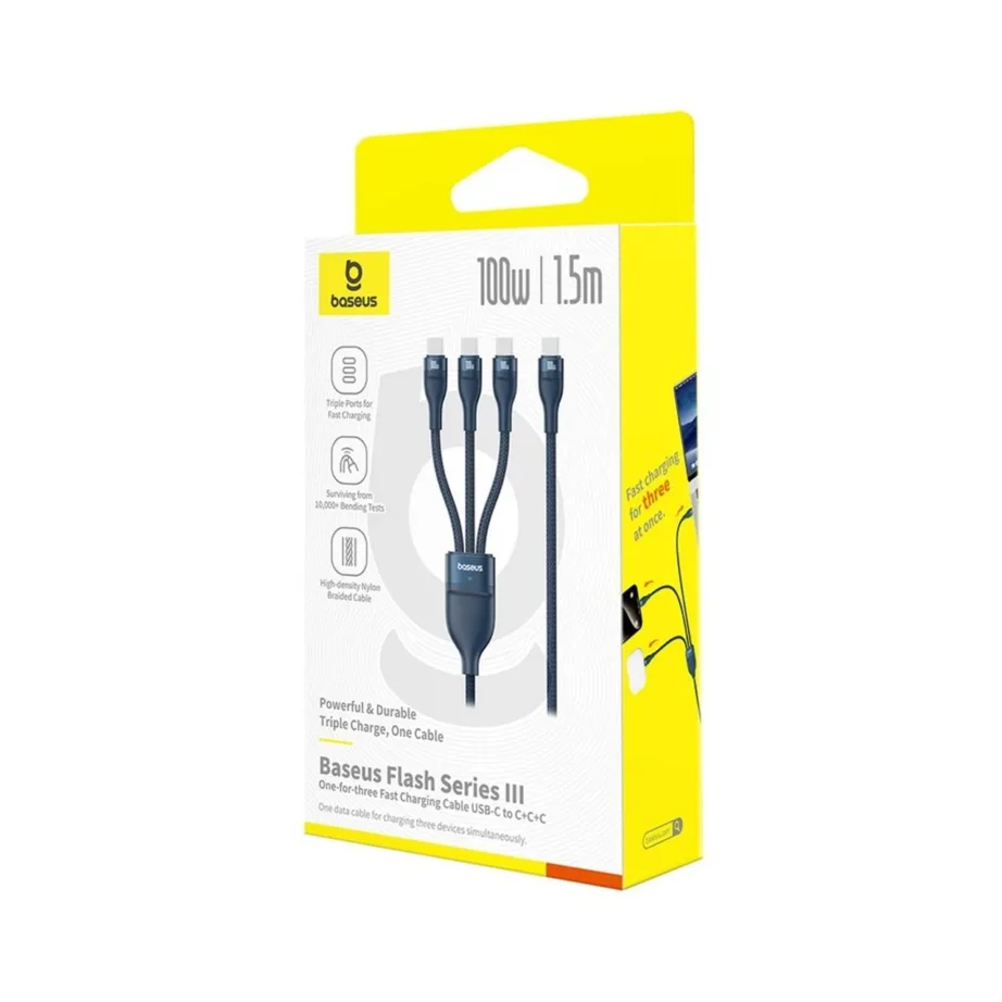 Baseus Flash Series P10377503321-00 1,5 m 3x USB-C 100W kiirlaadimiskaabel, sinine, punutud nailon – 6