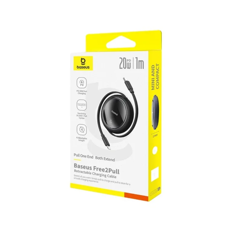 Baseus Free2Pull P10364501111-00 1 m must, 20 W USB-C–Lightning teleskoopkaabel kiirlaadimise ja andmeedastuse jaoks