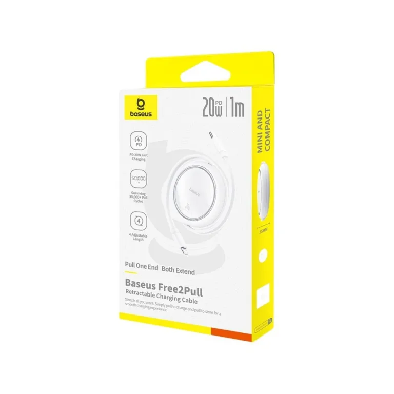 Baseus Free2Pull P10364501211-00 1 m valge USB-C–Lightning 20W tõmmatav kiirlaadimiskaabel Apple'i seadmetele