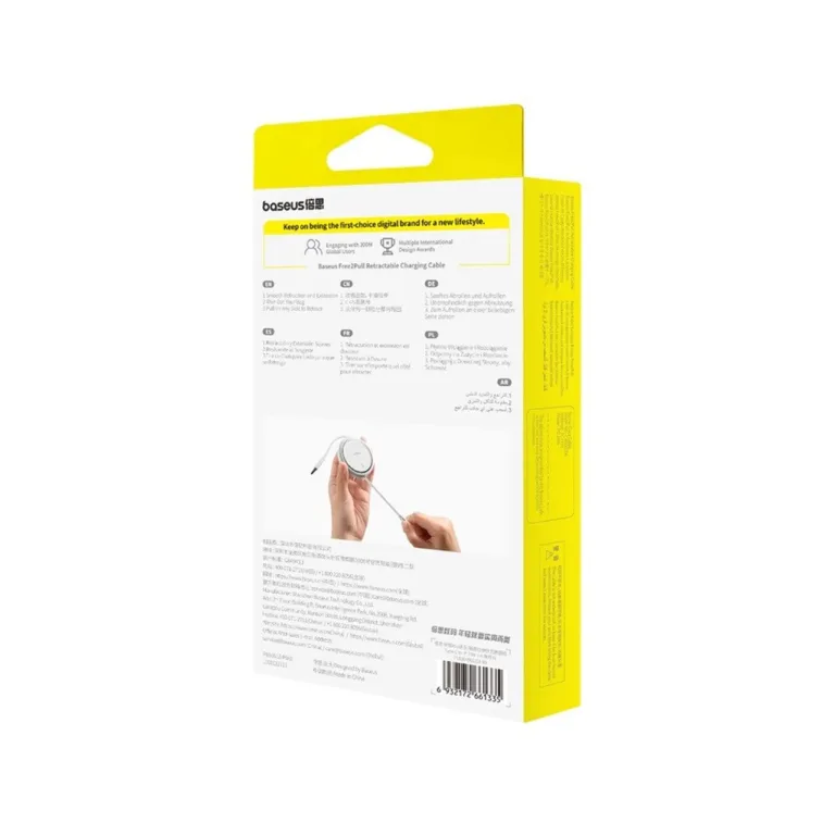 Baseus Free2Pull P10364501211-00 1 m valge USB-C–Lightning 20W tõmmatav kiirlaadimiskaabel Apple'i seadmetele