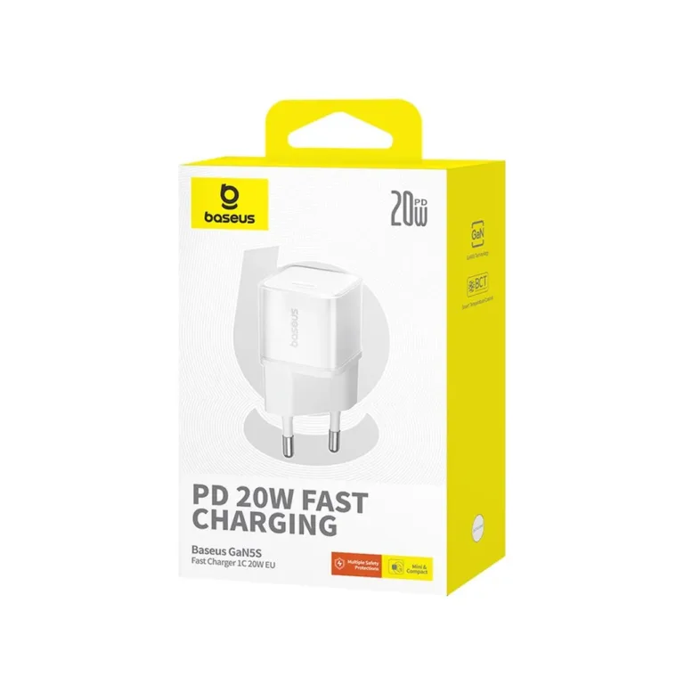 Baseus GaN5S P10162503213-00 20 W valge USB-C kiirlaadija, 31×31×48 mm, universaalne