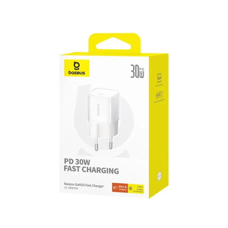 Baseus GaN5S P10162504213-00 30W valge USB-C kiirlaadija Power Delivery, universaalne