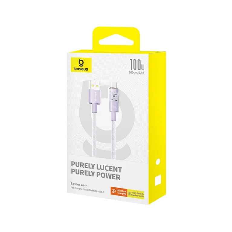 Baseus Gem P10373002511-01 2 m 100 W lilla nailonist USB-A – USB-C kiirlaadimiskaabel