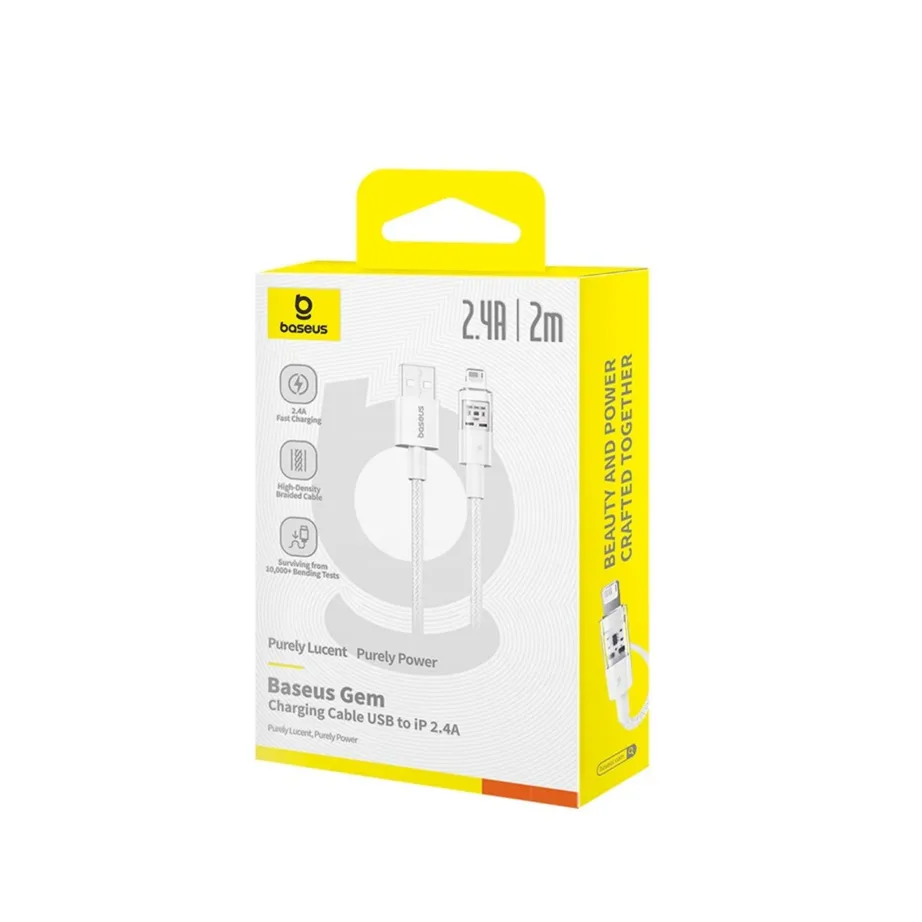 Baseus Gem P10373003211-01 2 m valge USB-A–Lightning 2,4A kiirlaadimiskaabel nailonpunutisega – 6