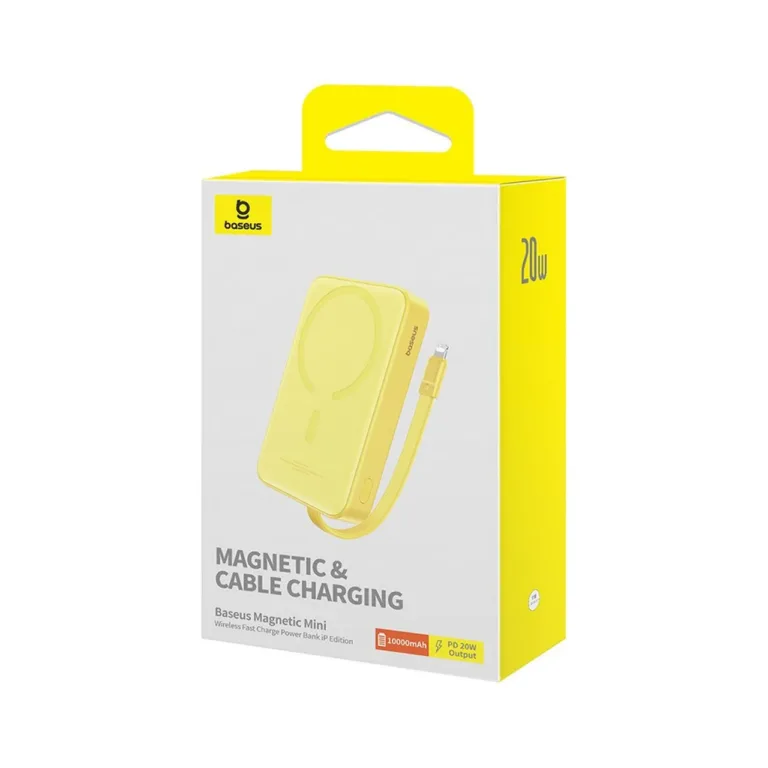 Baseus Magnetic Mini P10022109Y23-00 10000mAh 20W MagSafe kollane juhtmevaba akupank Lightning- ja USB-C laadimisega