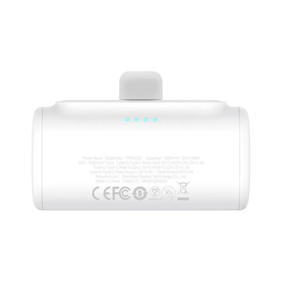 Baseus P10068306213-00 5000mAh valge USB-C kiirlaadimisega 20W powerbank nutiseadmetele (80x40x26 mm) – 4