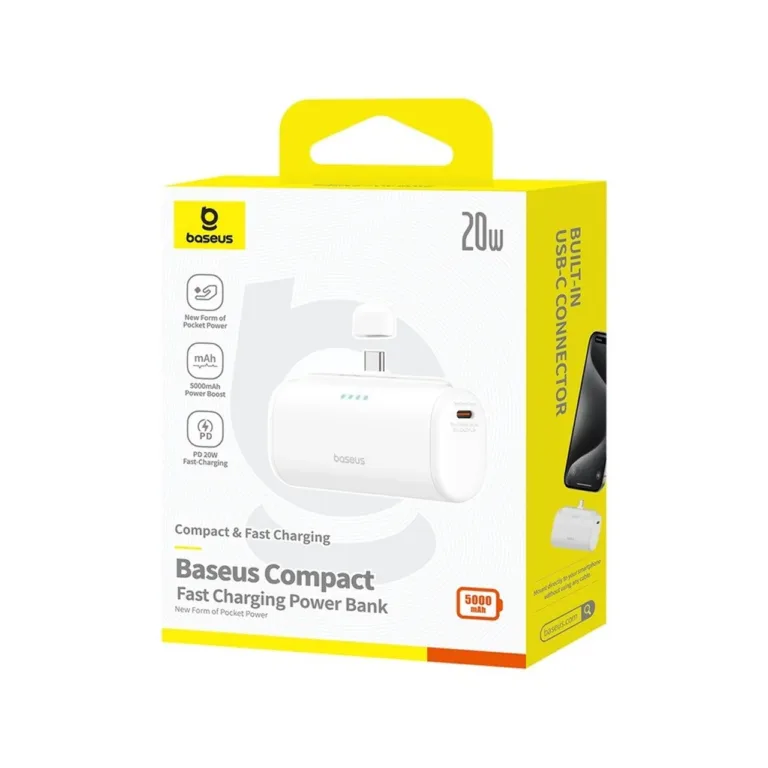 Baseus P10068306213-00 5000mAh valge USB-C kiirlaadimisega 20W powerbank nutiseadmetele (80x40x26 mm)