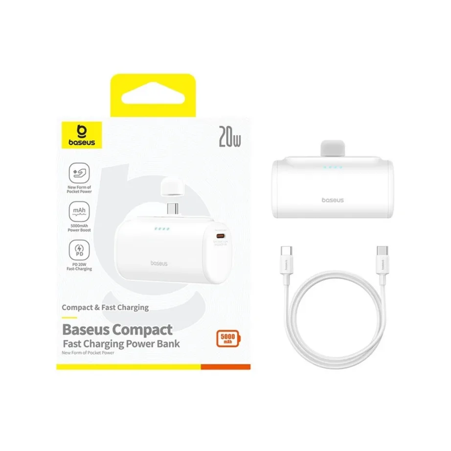 Baseus P10068306213-00 5000mAh valge USB-C kiirlaadimisega 20W powerbank nutiseadmetele (80x40x26 mm) – 7