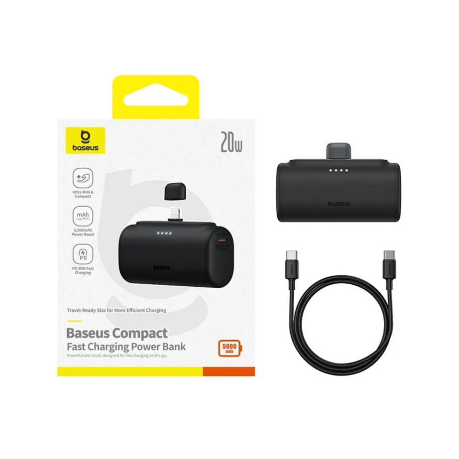 Baseus P10068307113-00 5000 mAh 20 W must kompaktne liitium-ioon akupank USB-C, USB-A ja Lightning ühendusega – 8