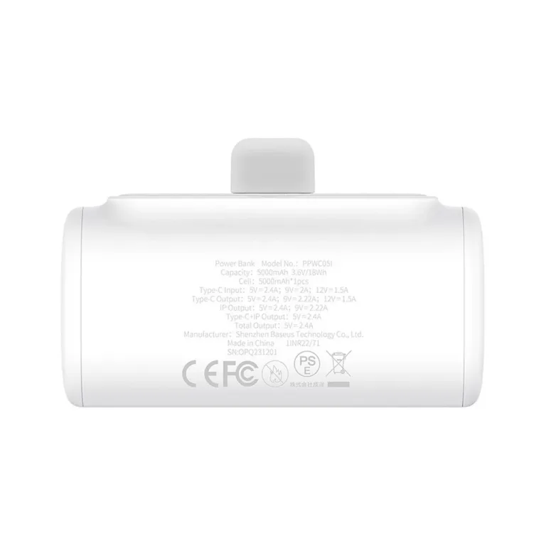 Baseus P10068307213-00 5000mAh 20W valge akupank USB-C, USB-A ja Lightningiga, kahe seadme kiireks laadimiseks