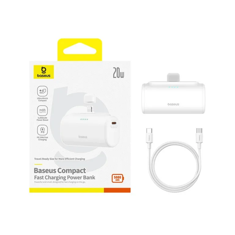 Baseus P10068307213-00 5000mAh 20W valge akupank USB-C, USB-A ja Lightningiga, kahe seadme kiireks laadimiseks