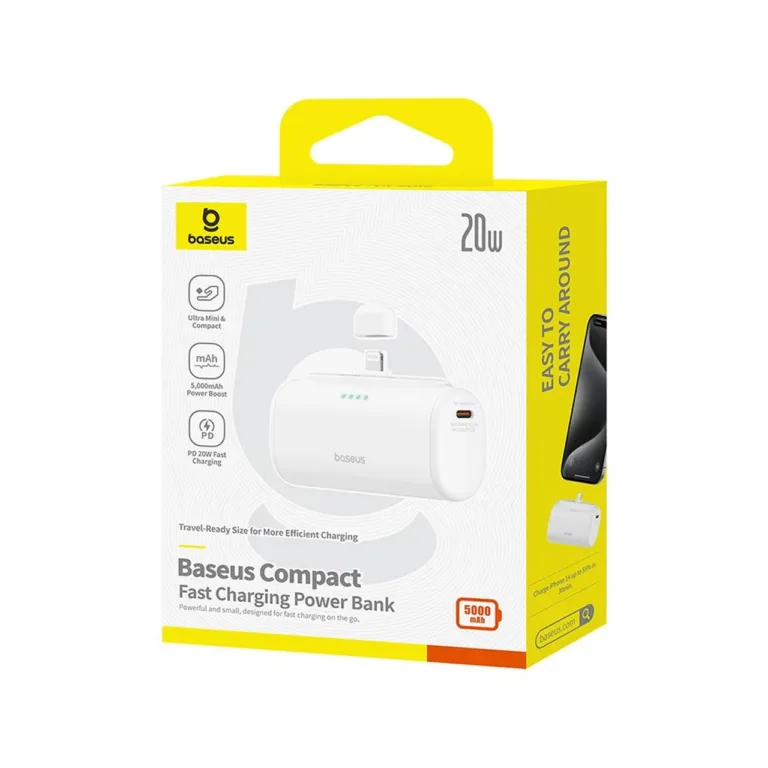 Baseus P10068307213-00 5000mAh 20W valge akupank USB-C, USB-A ja Lightningiga, kahe seadme kiireks laadimiseks